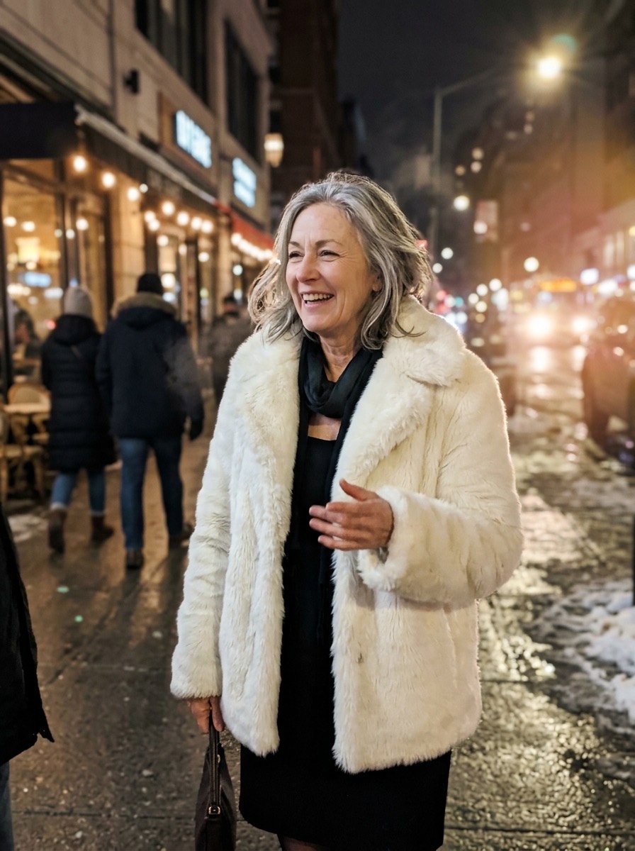 Outfit de fiesta de invierno para mujeres maduras: abrigo de pelo sintético sobre vestido negro