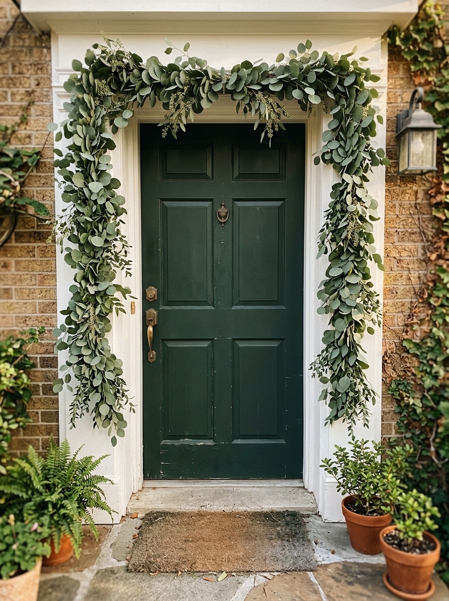 Puerta navideña decorada: guirnalda de eucalipto alrededor del marco
