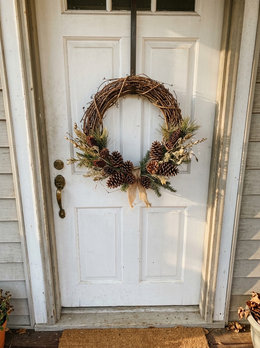 Puerta navideña decorada: puerta blanca con corona de ramas y piñas
