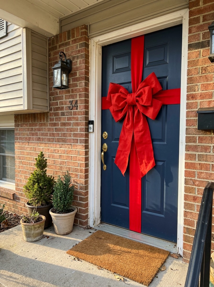 Puerta navideña decorada: gran lazo rojo como un regalo