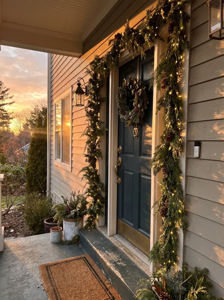 Puerta navideña decorada: guirnalda y luces cálidas al atardecer