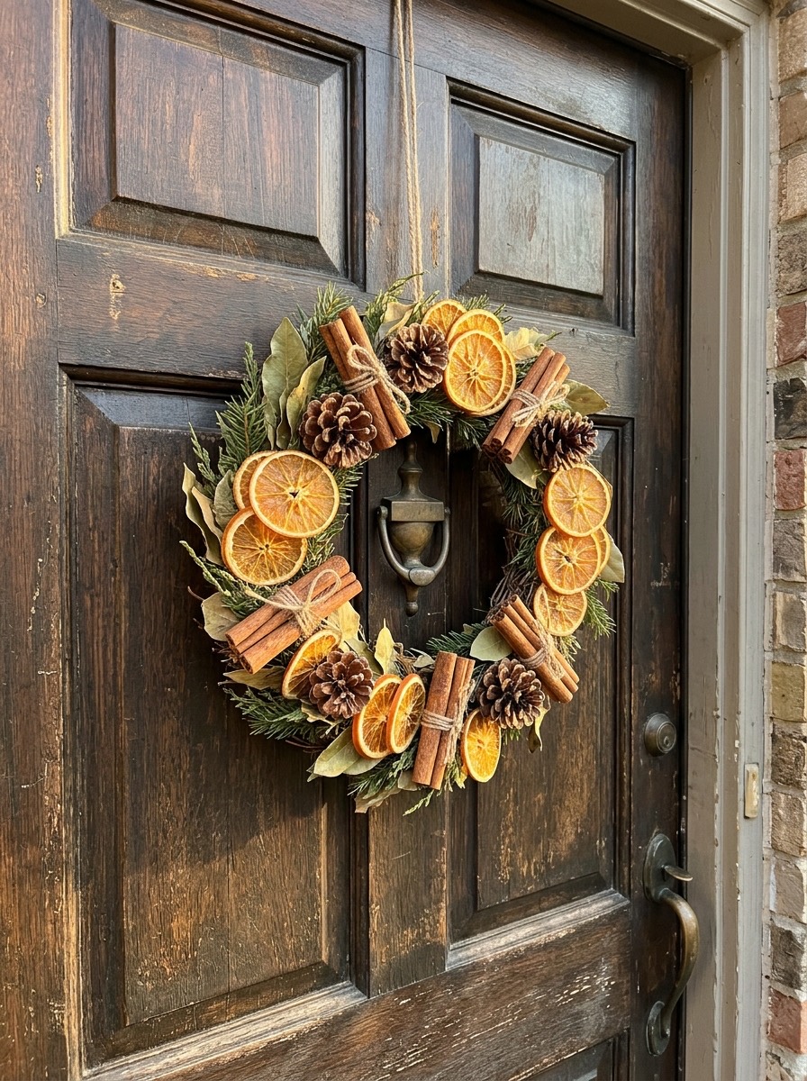 Puerta navideña decorada: puerta de madera con naranjas secas y canela