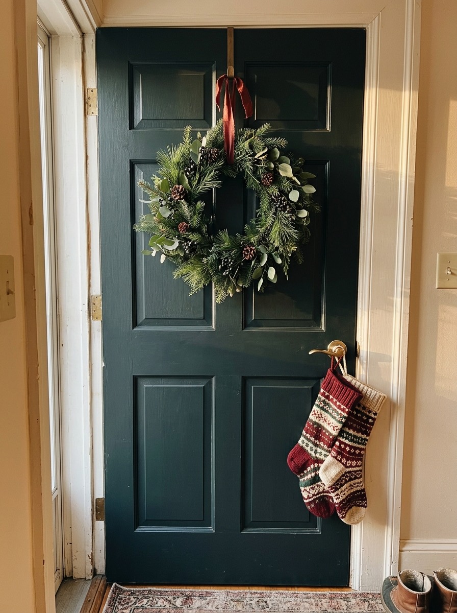 Puerta navideña decorada: calcetines navideños en la manija
