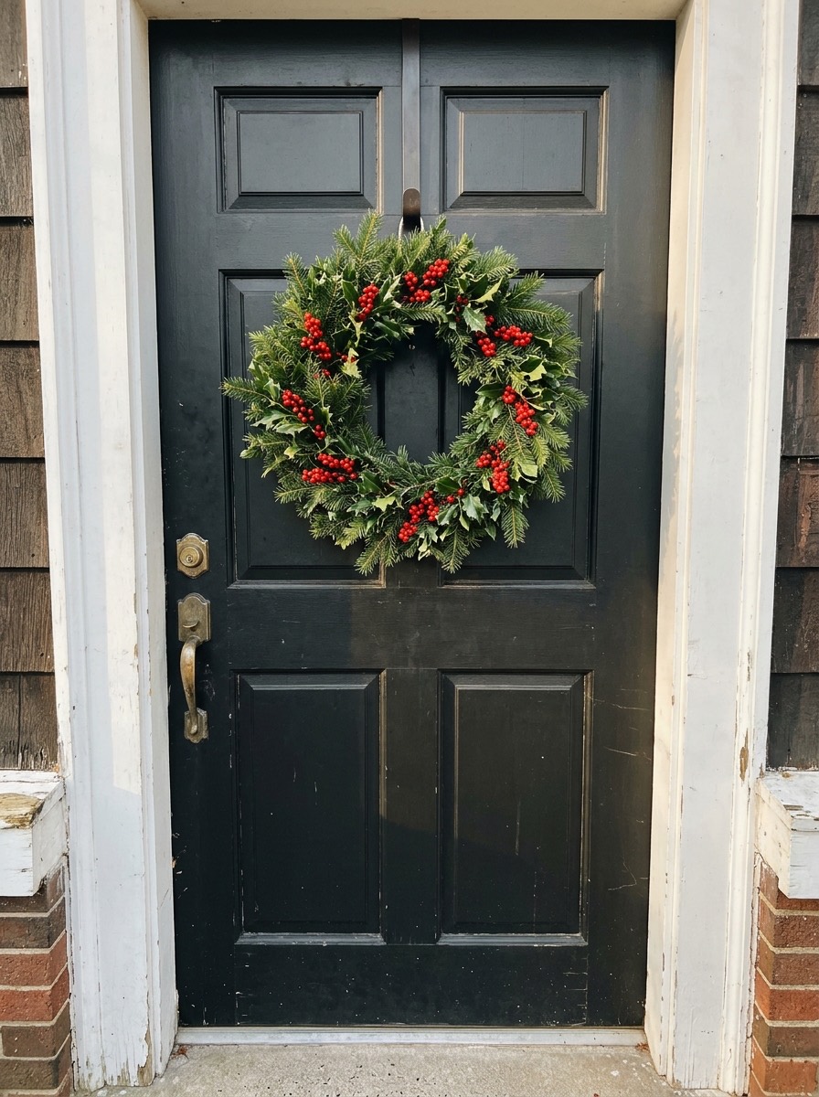 Puerta navideña decorada: puerta negra con corona verde y bayas