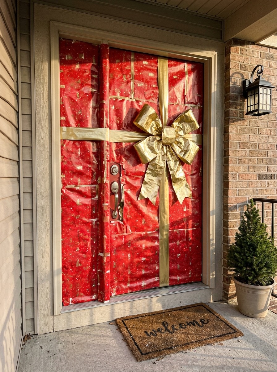 Puerta navideña decorada: puerta envuelta como un paquete