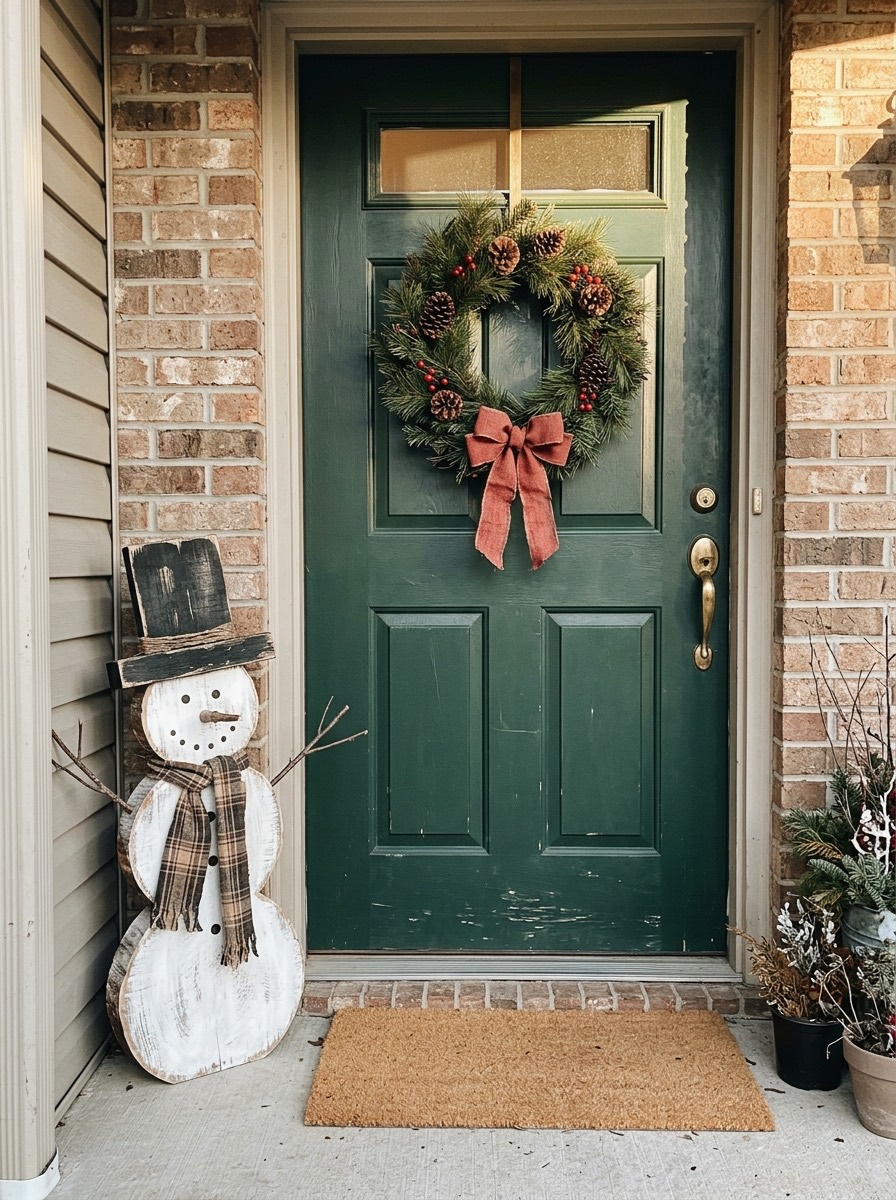 Puerta navideña decorada: muñeco de nieve de madera junto a la entrada