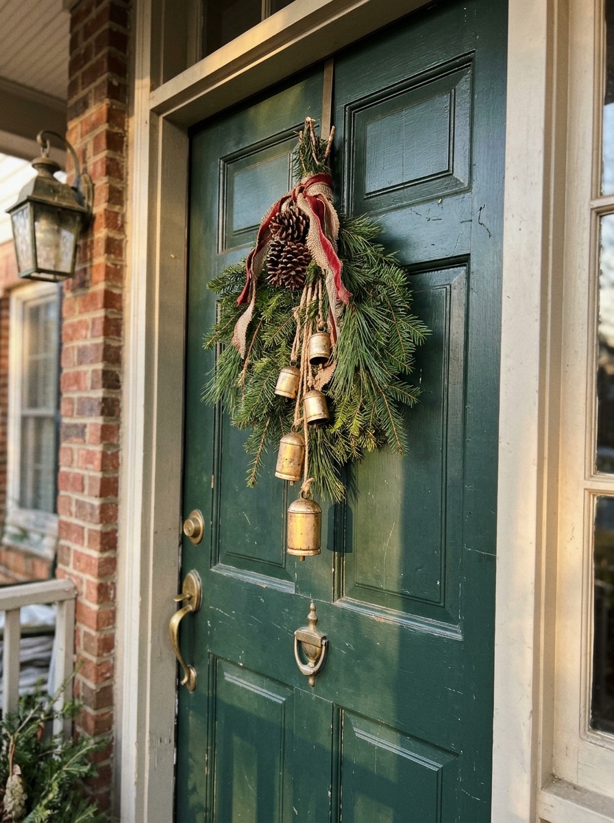 Puerta navideña decorada: ramas de pino y campanas doradas