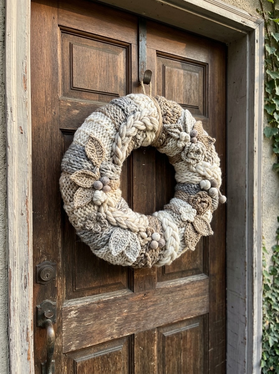 Puerta navideña decorada: corona tejida de lana