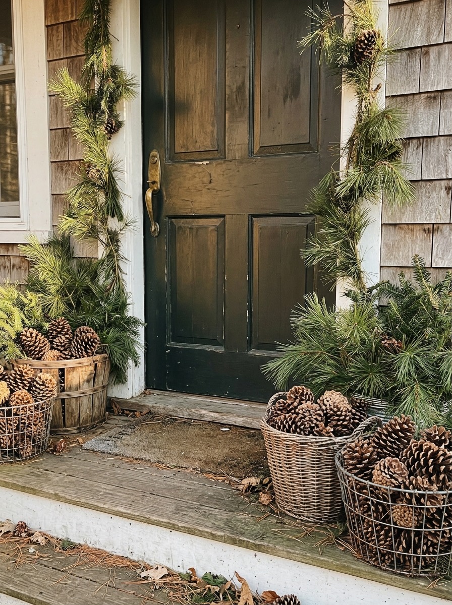 Puerta navideña decorada: cestas de piñas y ramas a los lados