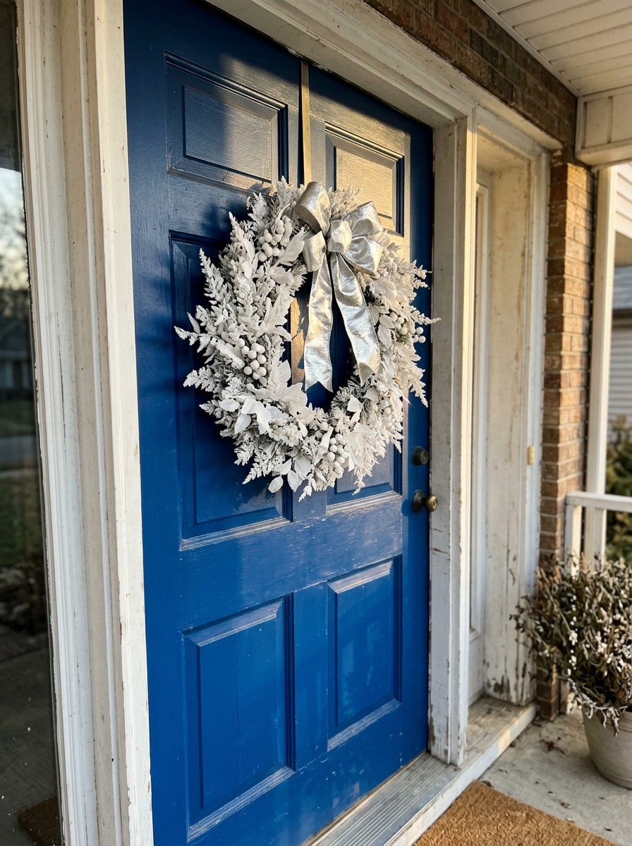 Puerta navideña decorada: puerta azul con corona blanca