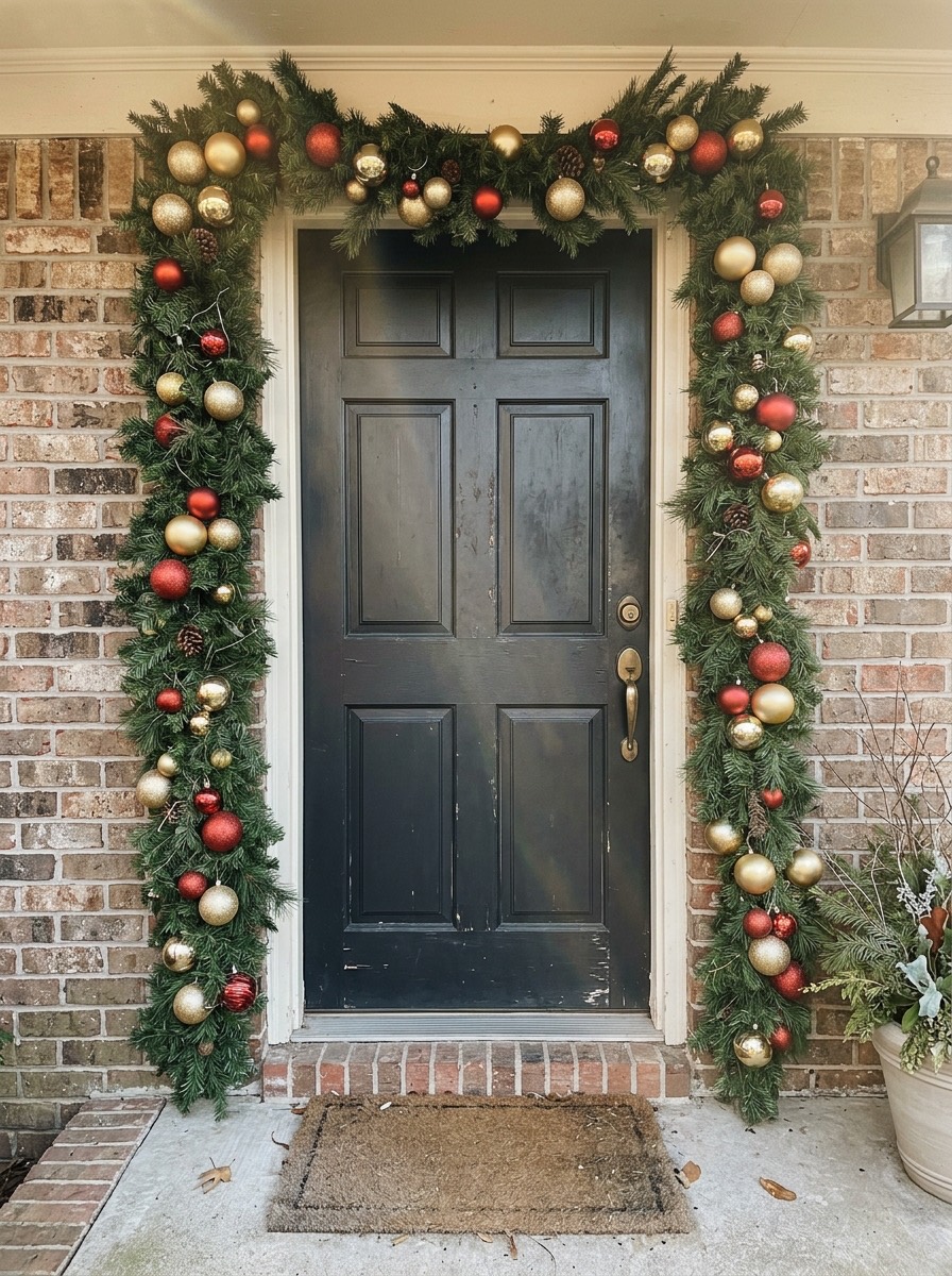 Puerta navideña decorada: guirnalda de bolas doradas y rojas