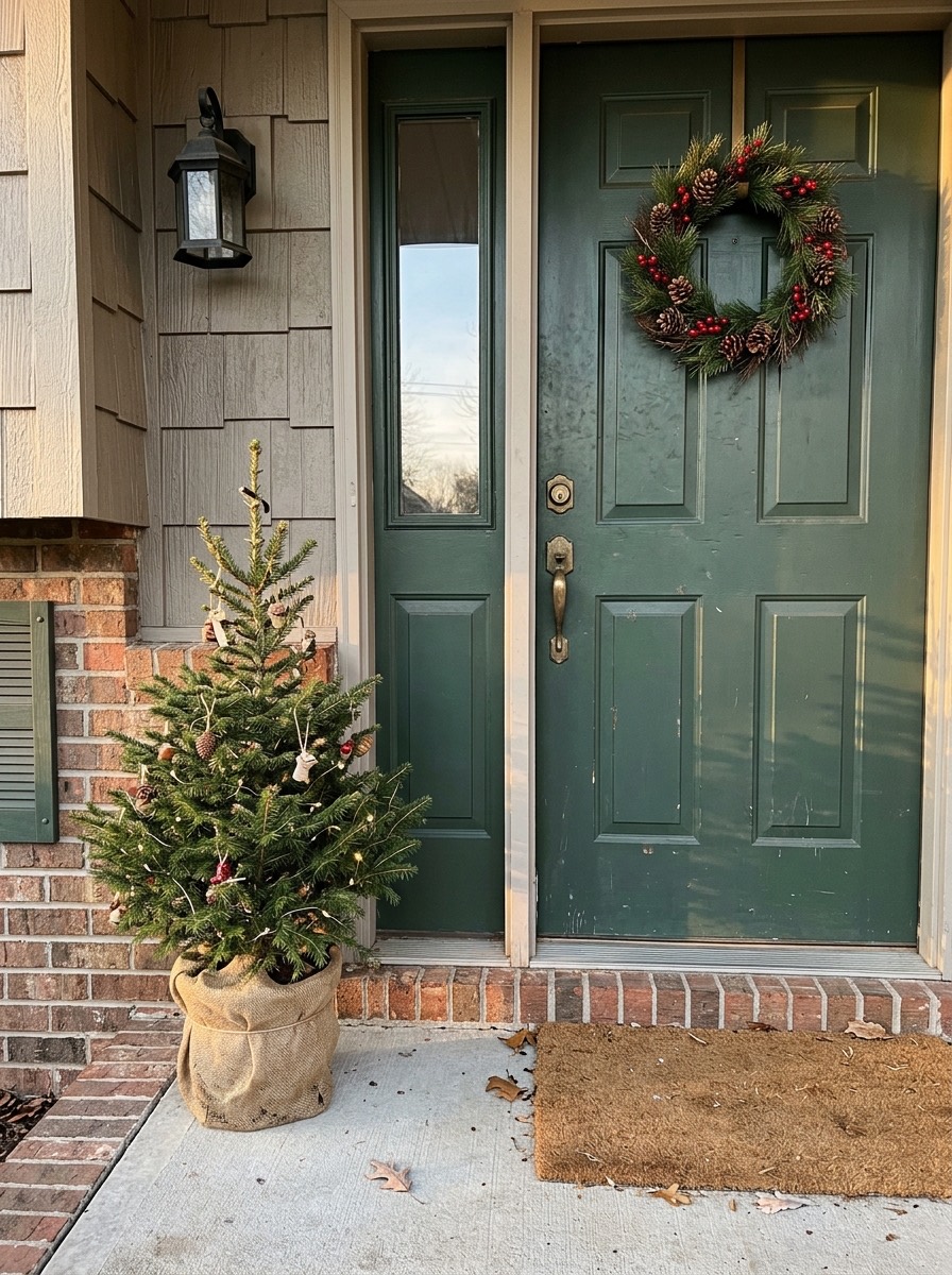 Puerta navideña decorada: árbol de navidad pequeño en maceta