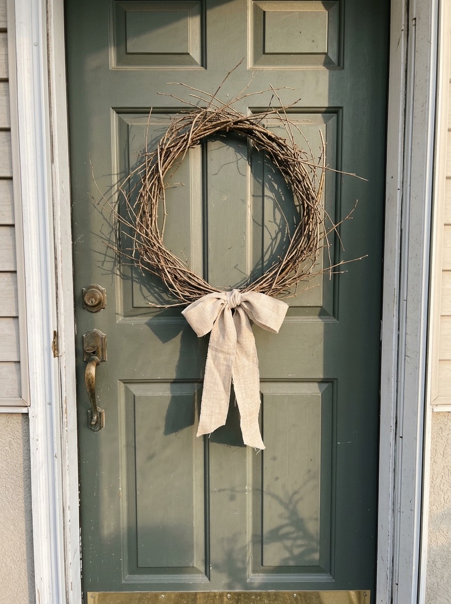 Puerta navideña decorada: corona minimalista de ramas secas