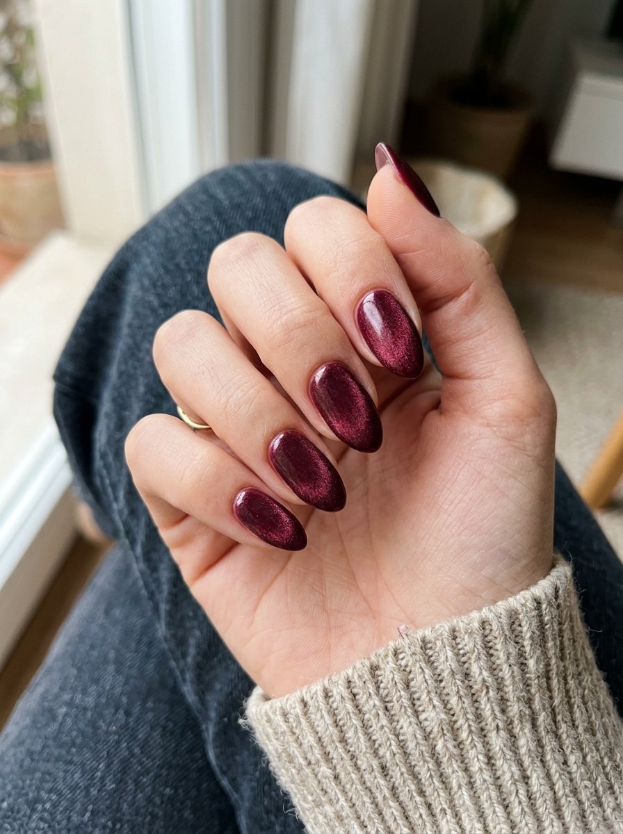 Uñas de diciembre: burdeos con efecto terciopelo