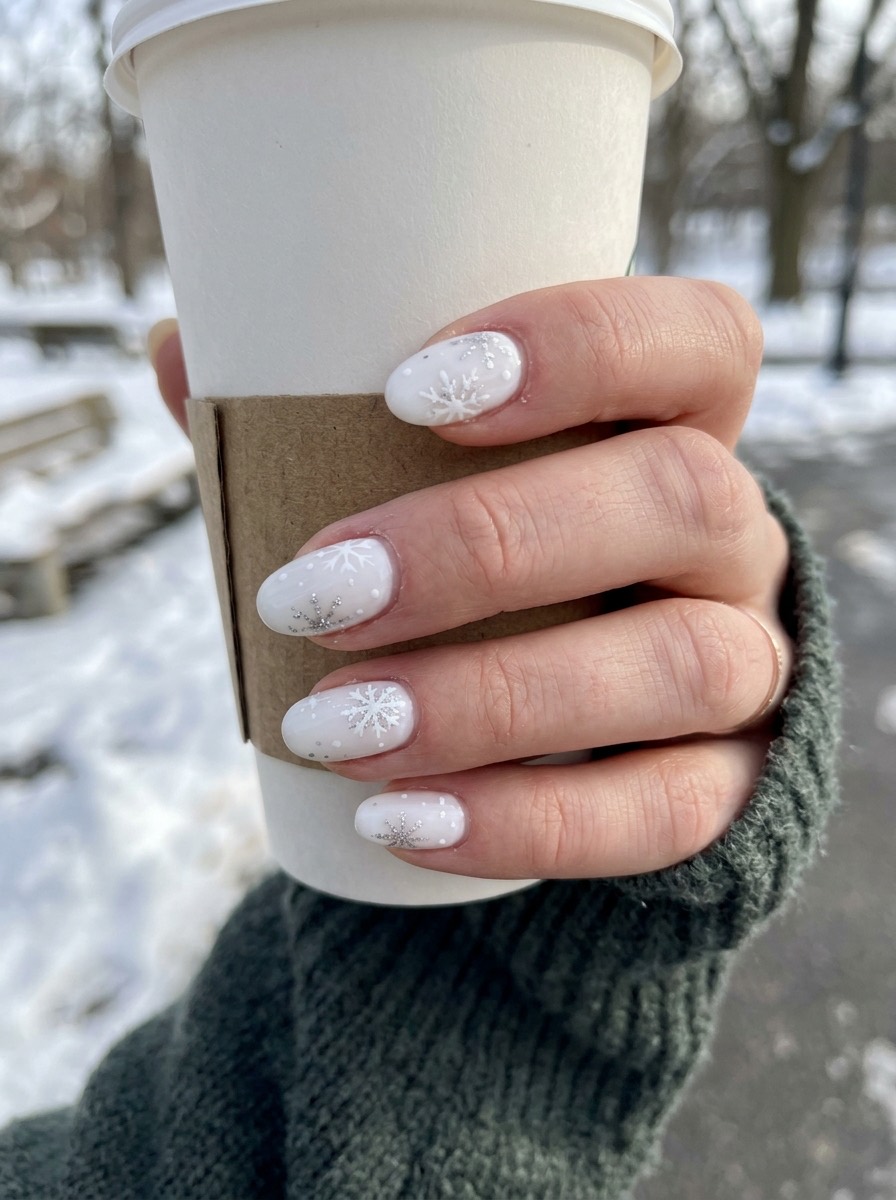Uñas de diciembre: blancas con copos de nieve pintados