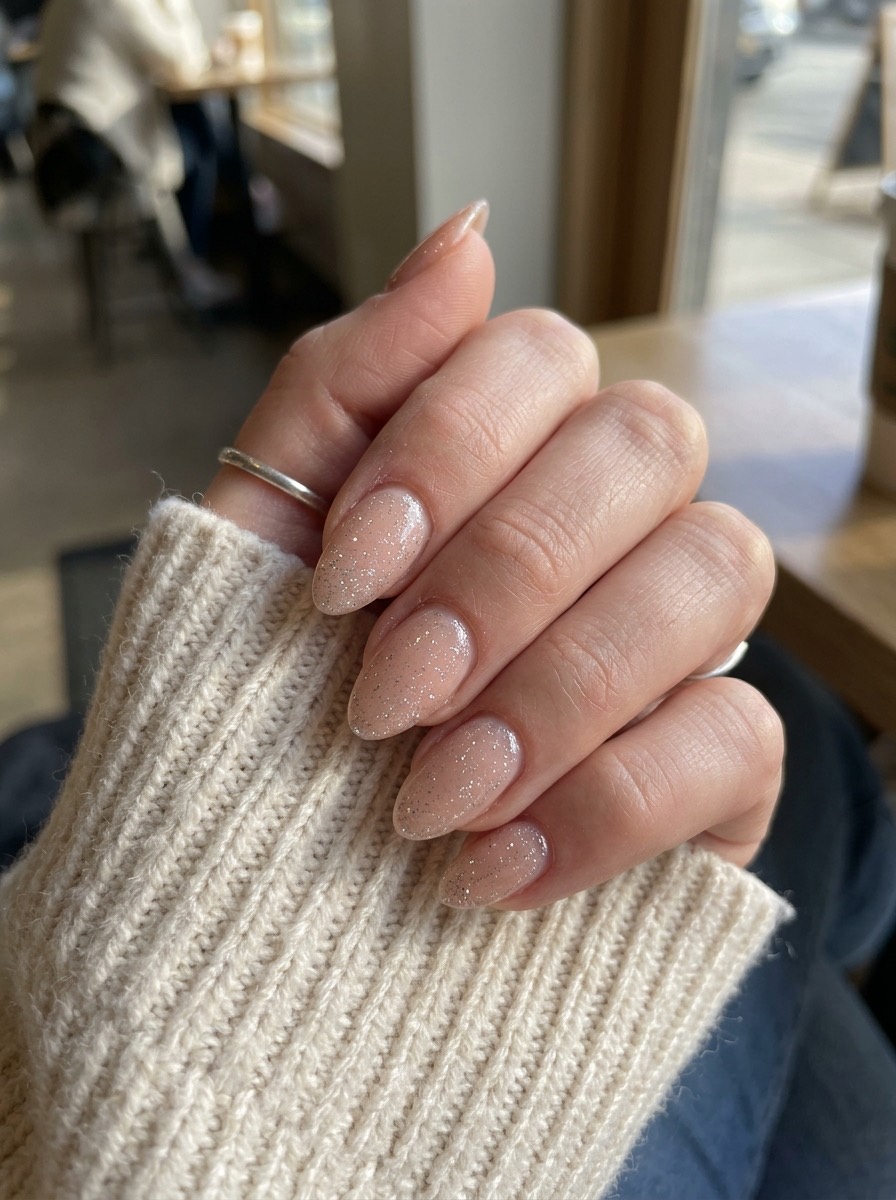 Uñas de diciembre: nude con brillo plateado
