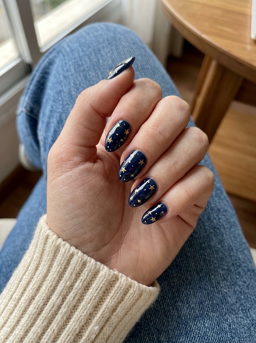 Uñas de diciembre: azul noche con estrellas doradas