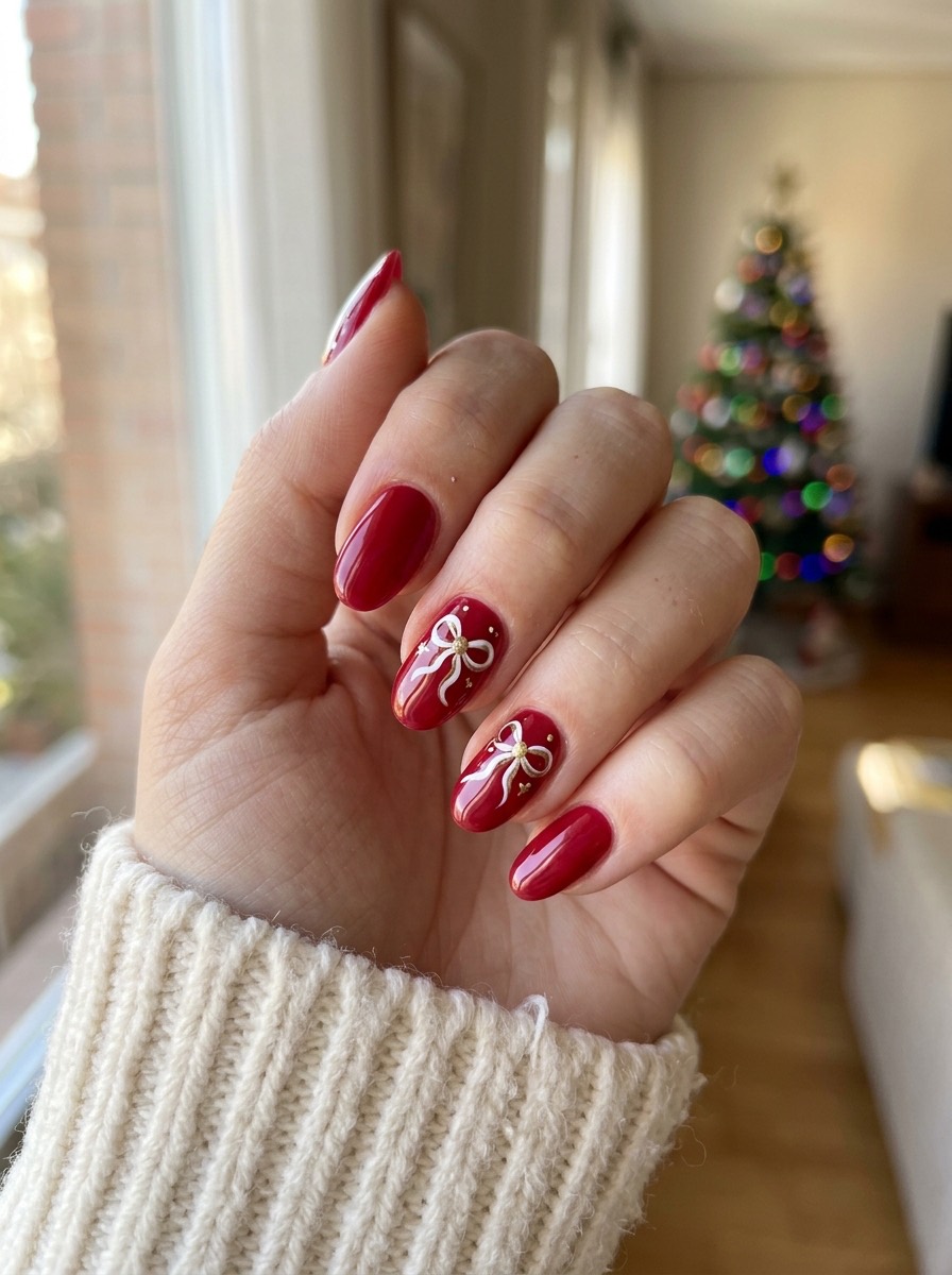 Uñas de diciembre: rojas con lazo navideño dibujado