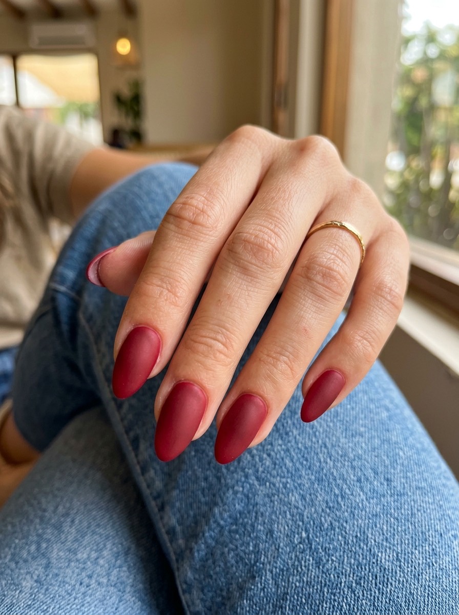 Uñas de diciembre: almendra en rojo mate