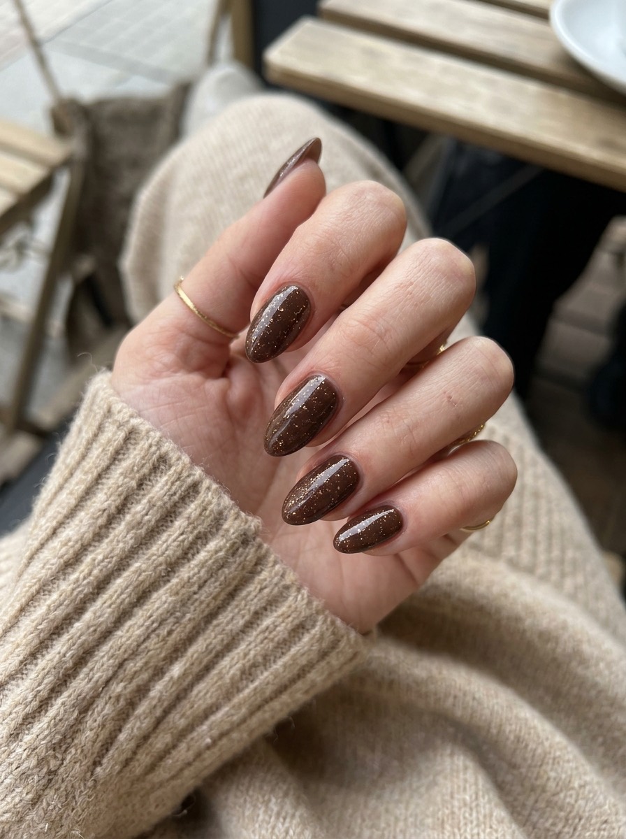 Uñas de diciembre: color chocolate con destellos