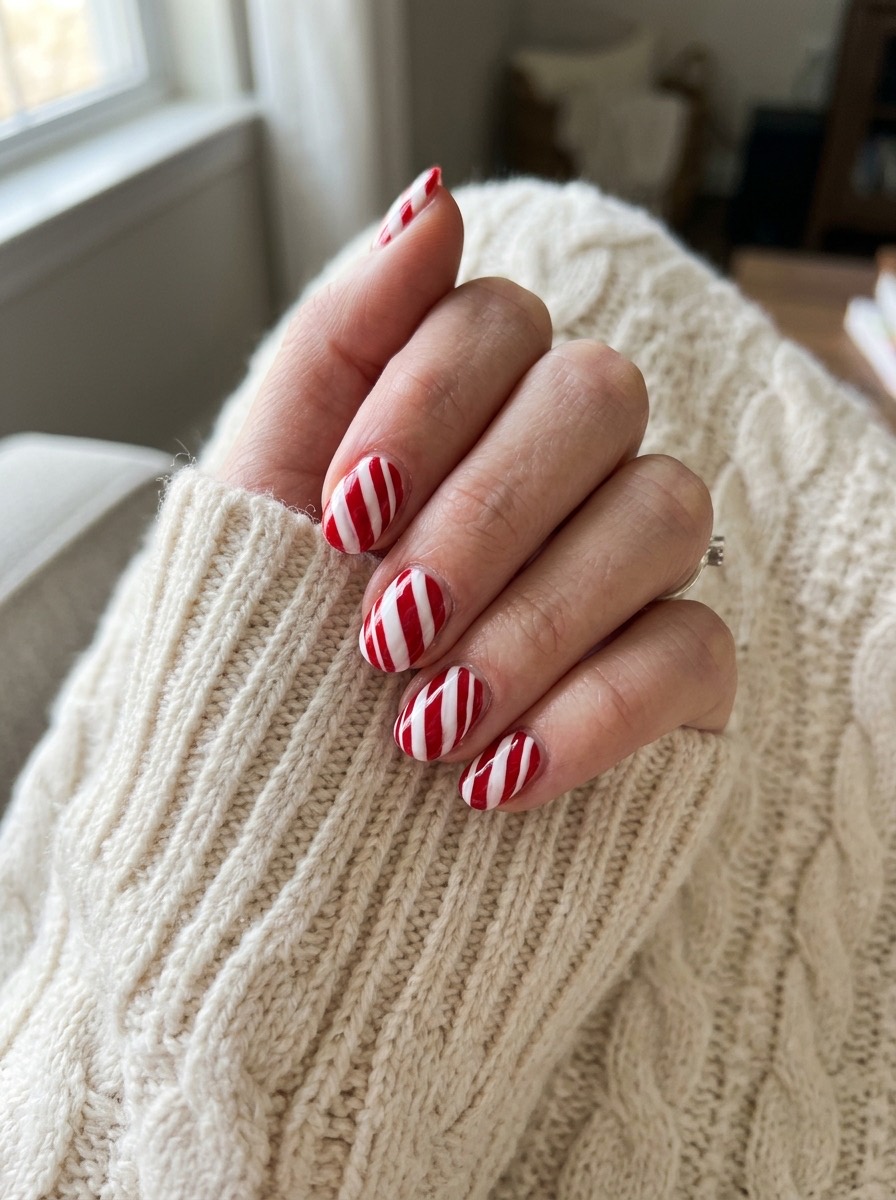 Uñas de diciembre: con bastón de caramelo rojo y blanco