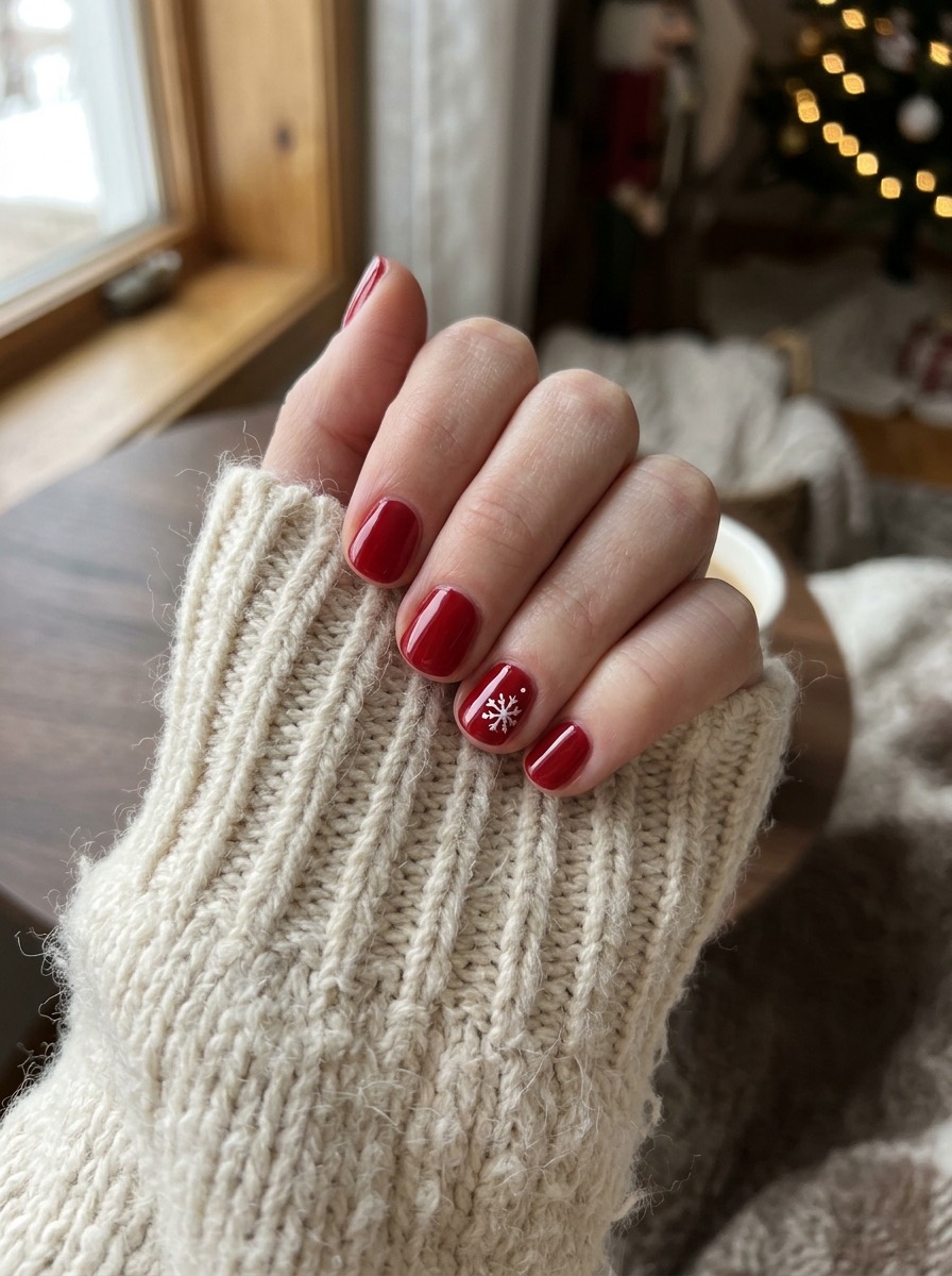 Uñas navideñas cortas y sencillas: rojo clásico corto y brillante