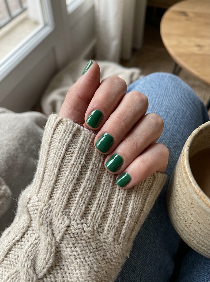 Uñas navideñas cortas y sencillas: verde esmeralda brillante