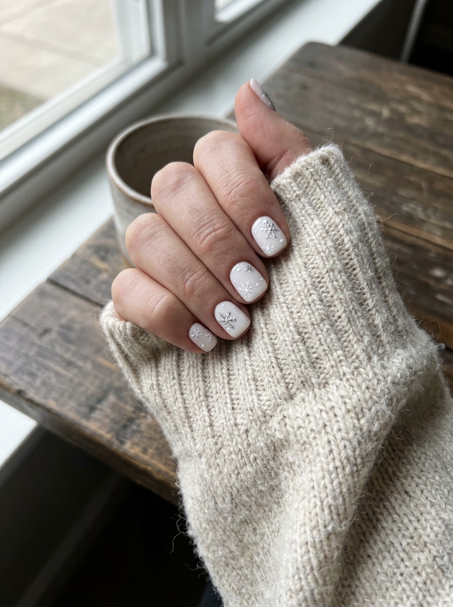 Uñas navideñas cortas y sencillas: blancas con copos de nieve pequeños