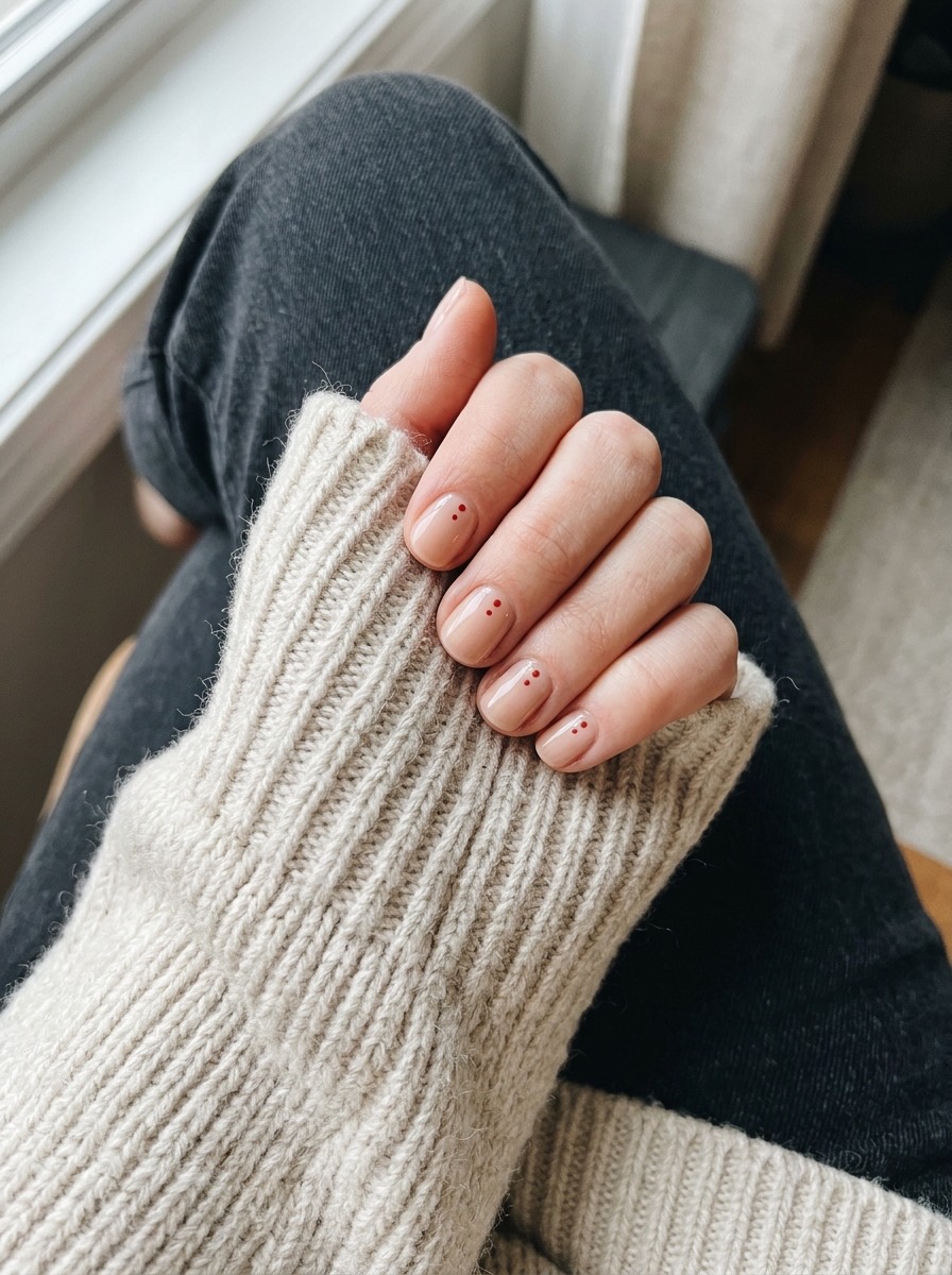 Uñas navideñas cortas y sencillas: nude con puntitos rojos