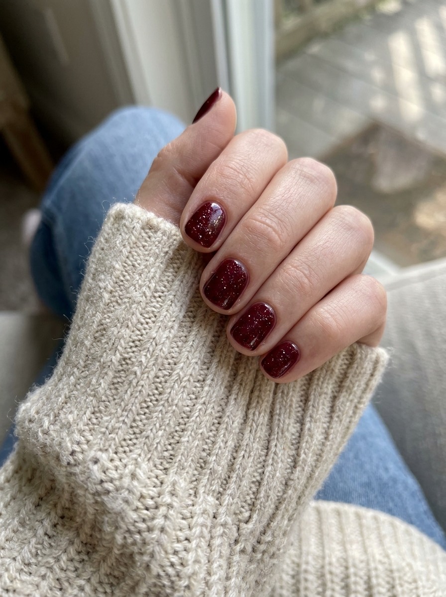 Uñas navideñas cortas y sencillas: burdeos con destellos