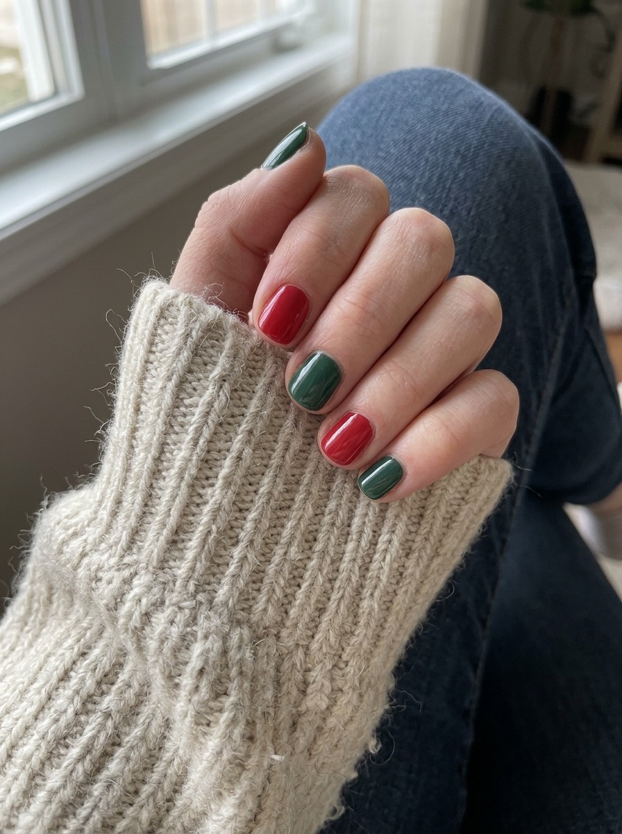 Uñas navideñas cortas y sencillas: alternando verde pino y rojo