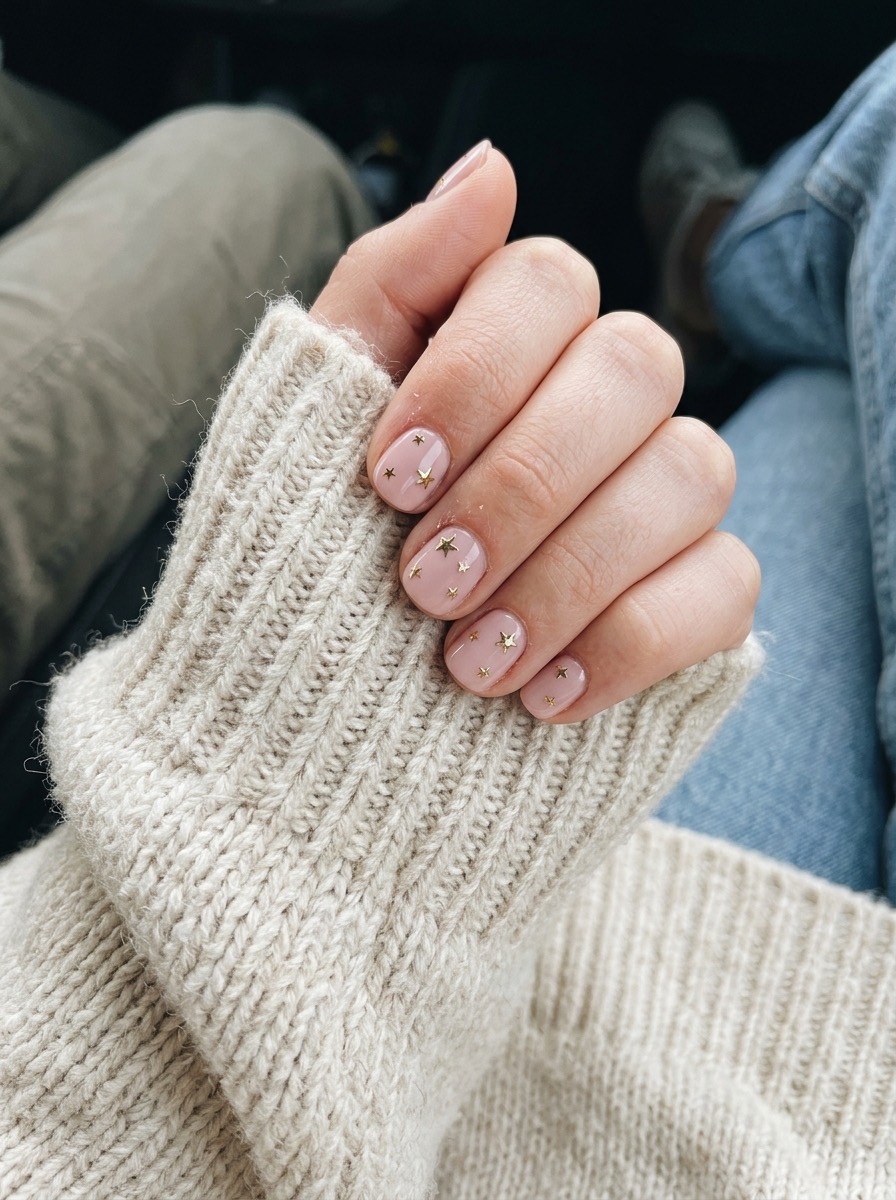 Uñas navideñas cortas y sencillas: rosa palo con estrellas doradas