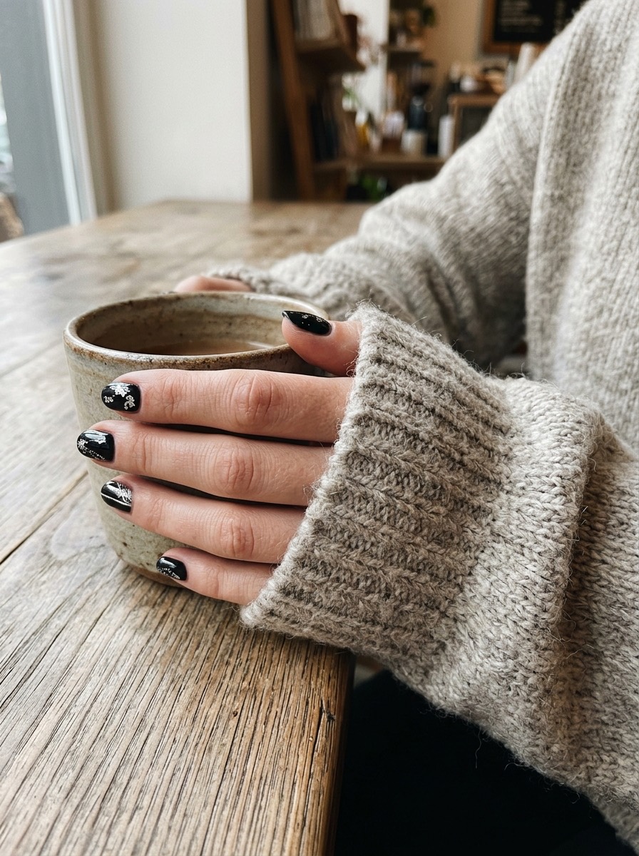 Uñas navideñas cortas y sencillas: negras con detalles plateados