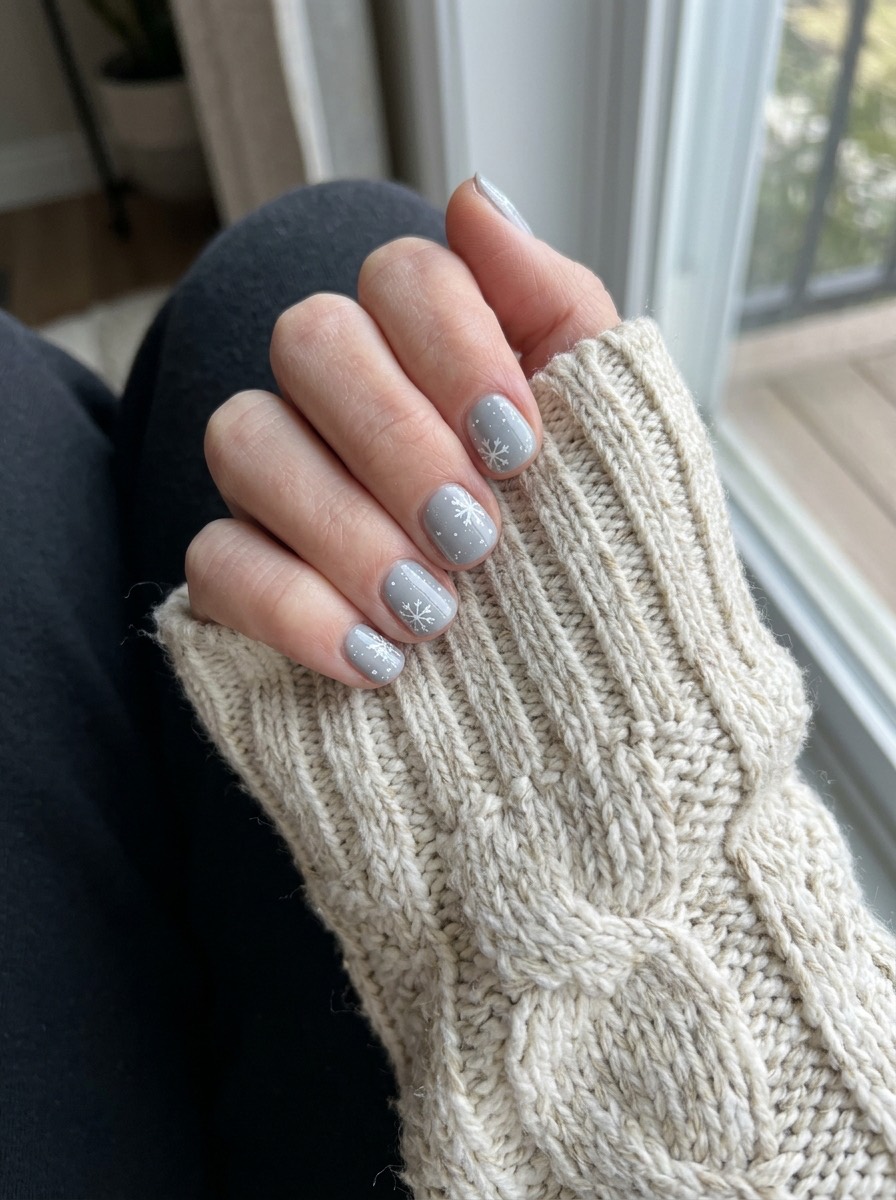 Uñas navideñas cortas y sencillas: grises con copos de nieve