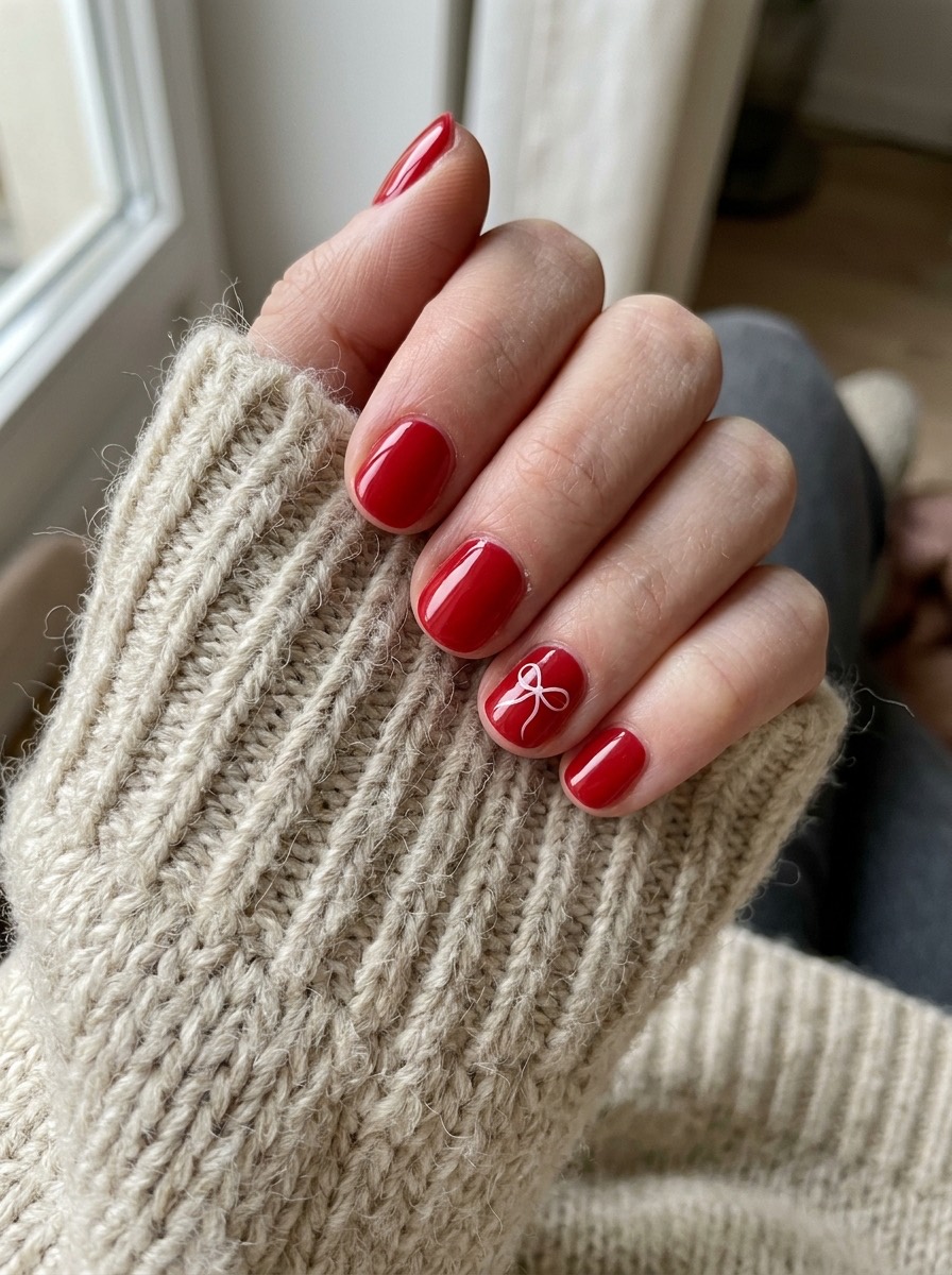 Uñas navideñas cortas y sencillas: rojas con un lazo minimalista
