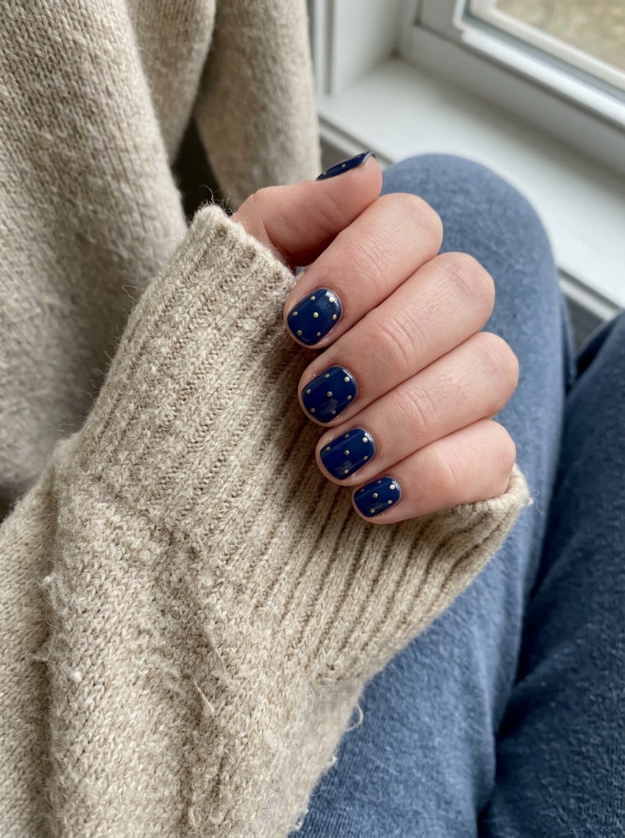 Uñas navideñas cortas y sencillas: azul marino con puntos dorados