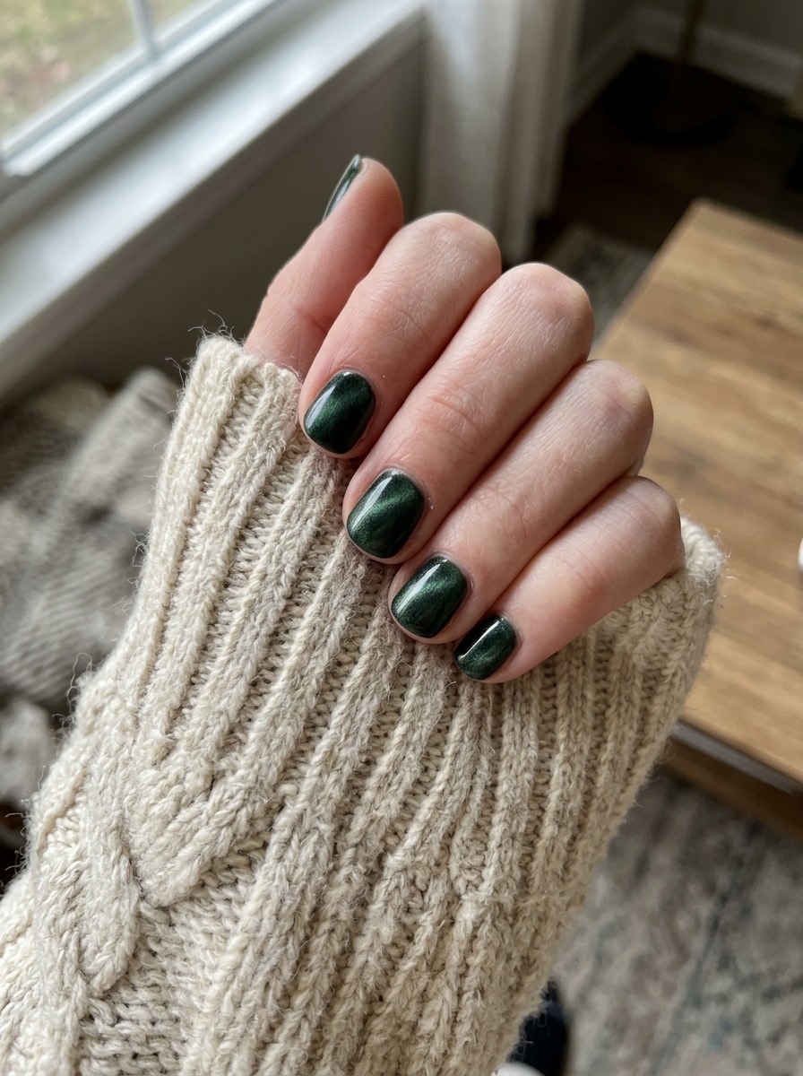Uñas navideñas cortas y sencillas: verde oscuro efecto terciopelo