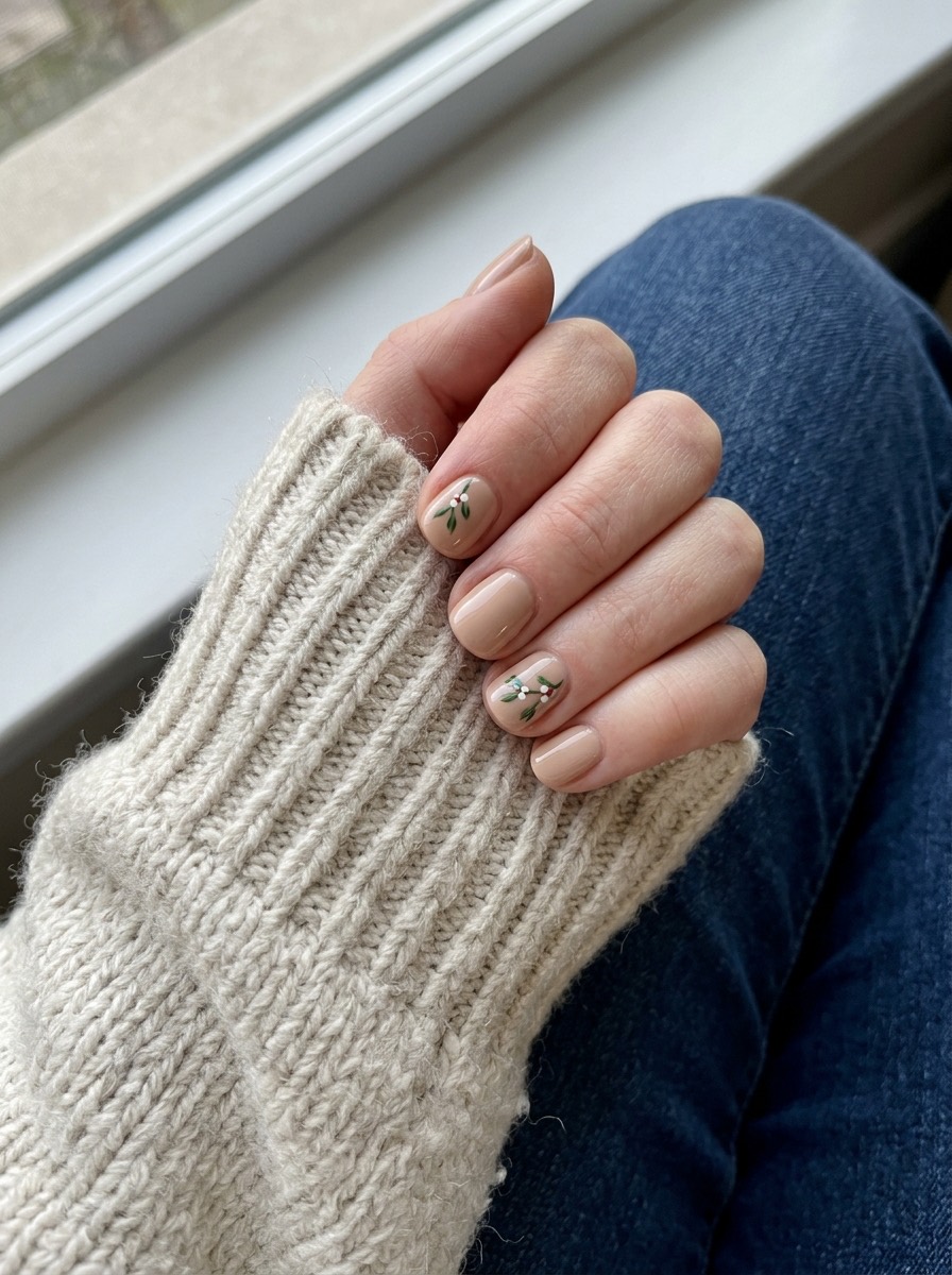 Uñas navideñas cortas y sencillas: beige con ramitas de muérdago