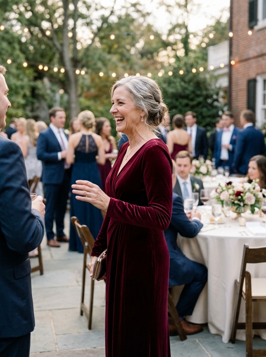 Vestido de invitada para boda de invierno: vestido largo de terciopelo burdeos
