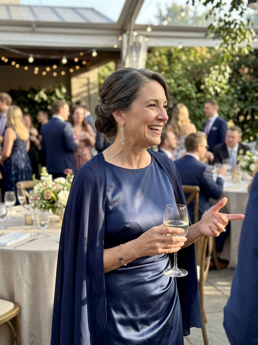 Vestido de invitada para boda de invierno: vestido azul marino de satén con capa