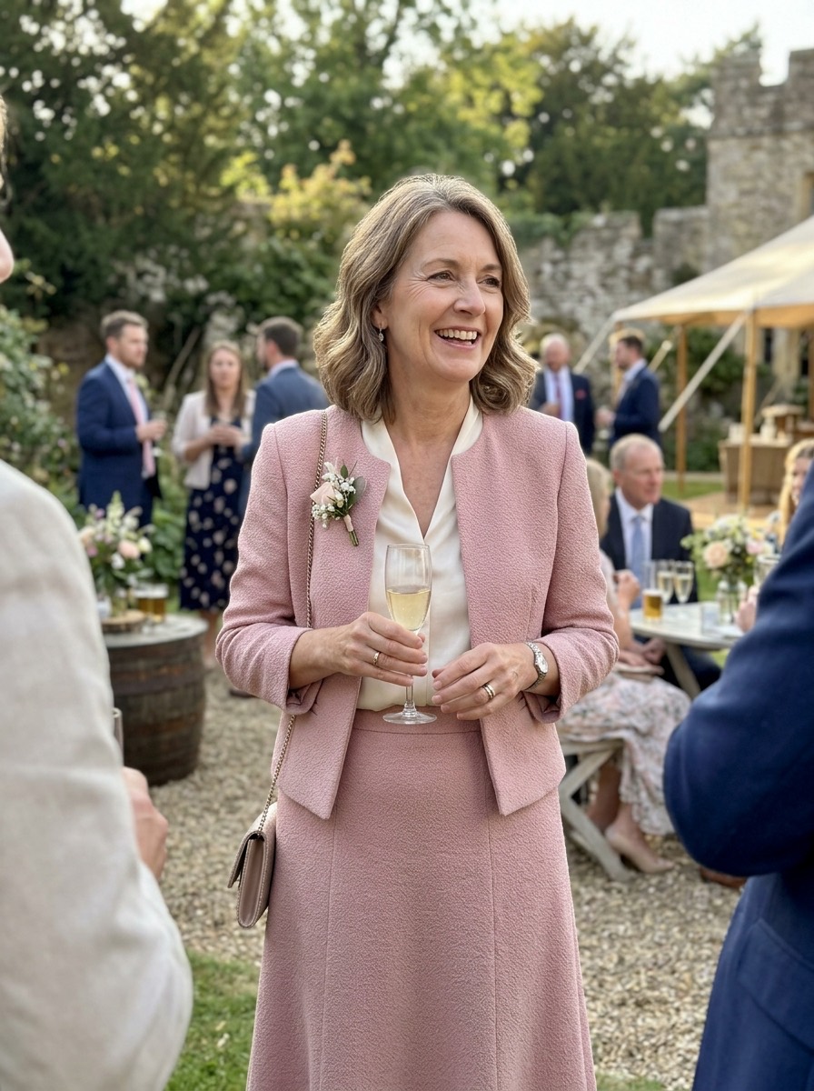 Vestido de invitada para boda de invierno: conjunto de dos piezas rosa empolvado