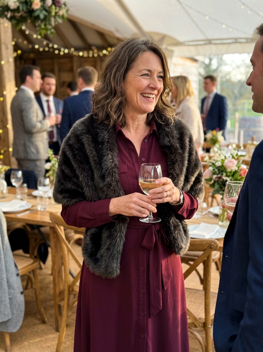 Vestido de invitada para boda de invierno: vestido camisero largo en tono vino con chal