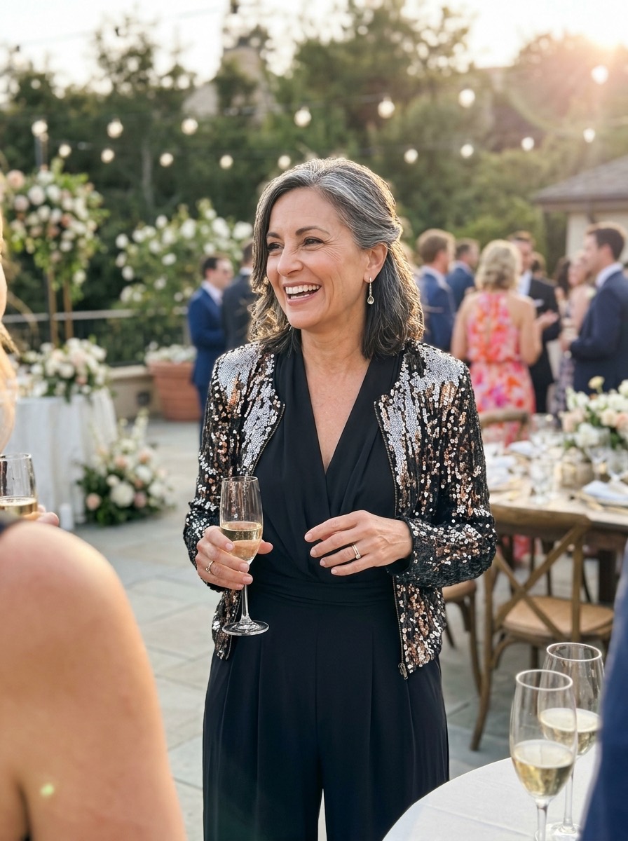 Vestido de invitada para boda de invierno: mono de gala negro con chaqueta de brillos