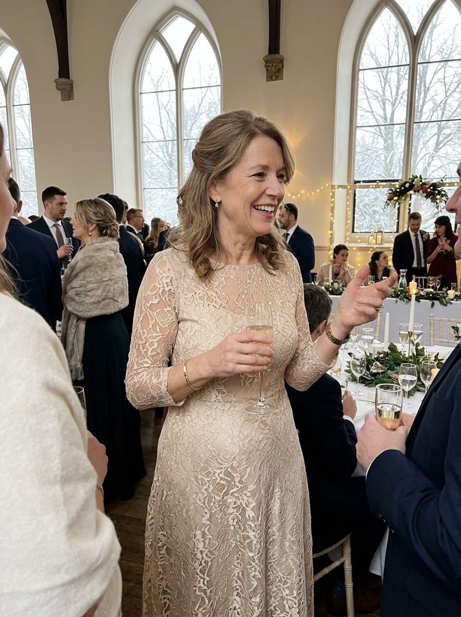 Vestido de invitada para boda de invierno: vestido midi de encaje champán