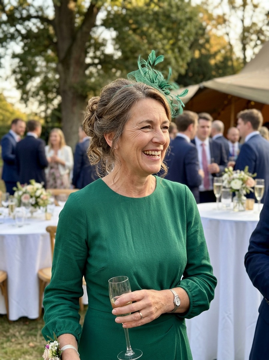 Vestido de invitada para boda de invierno: vestido verde esmeralda con tocado