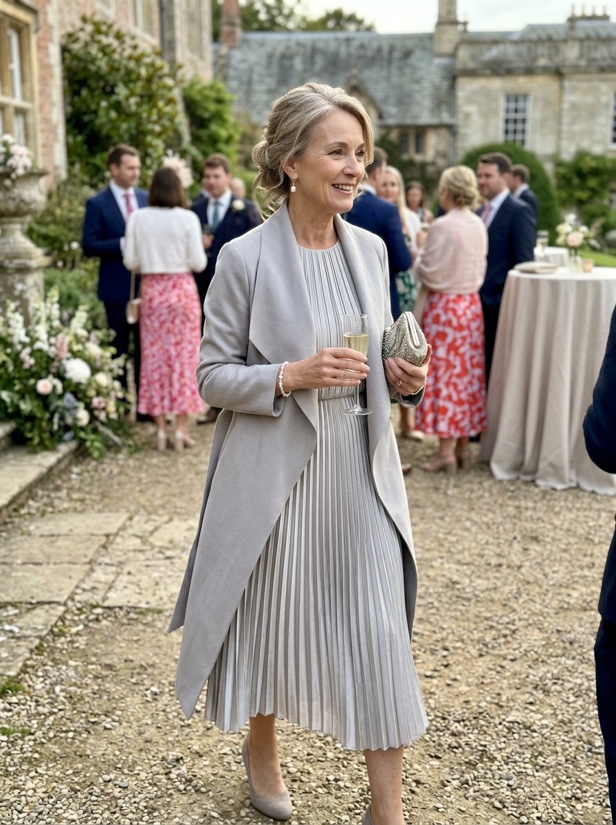 Vestido de invitada para boda de invierno: vestido plisado gris perla con abrigo largo