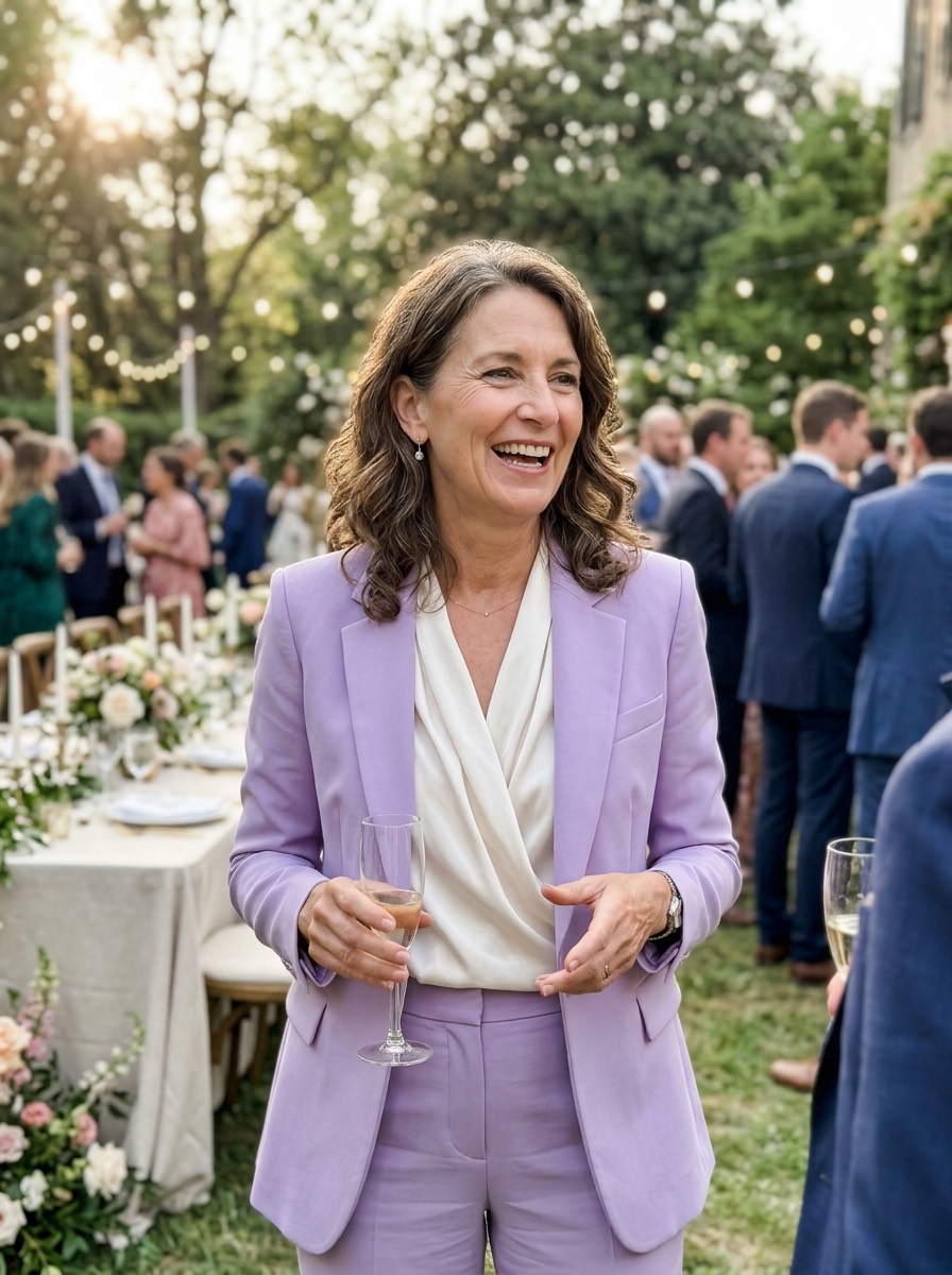 Vestido de invitada para boda de invierno: traje pantalón lavanda con blusa de seda
