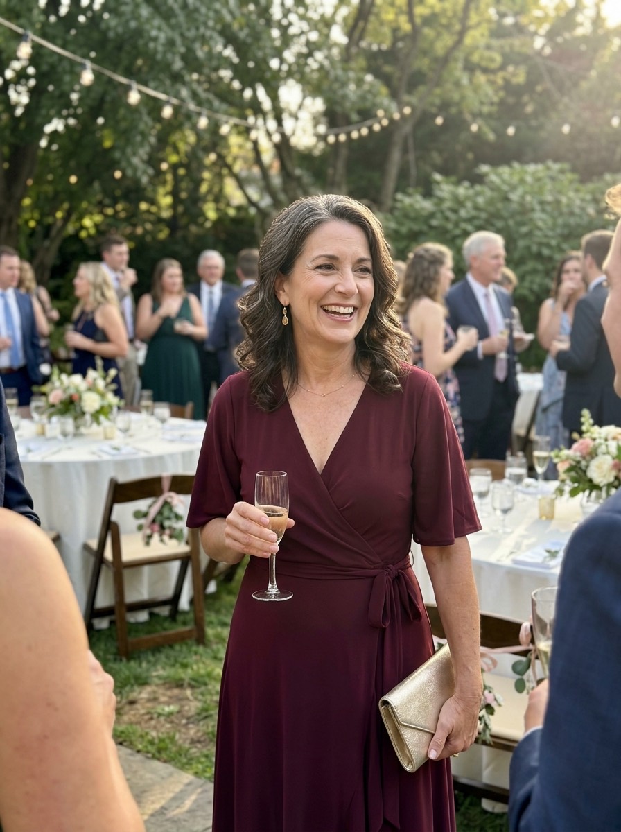 Vestido de invitada para boda de invierno: vestido rojo oscuro cruzado