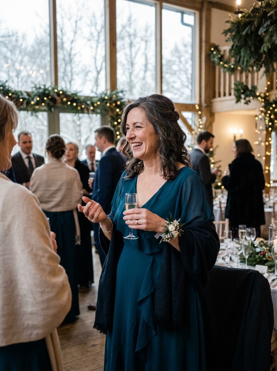 Vestido de invitada para boda de invierno: vestido largo azul petróleo con volantes