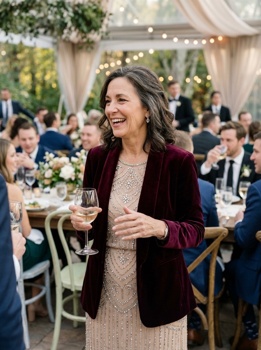 Vestido de invitada para boda de invierno: vestido nude con pedrería y chaqueta de terciopelo